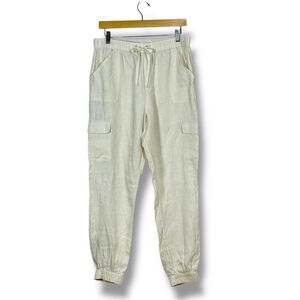 Nicole Miller Womens Linen Cargo Jogger Pants L Beige Drawstring European Flax
